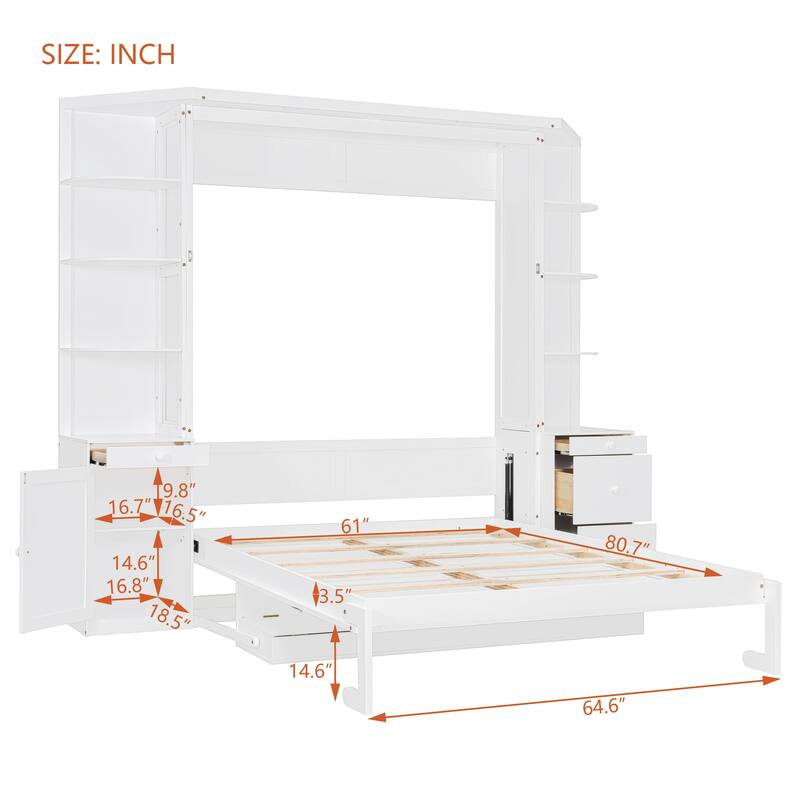 Space Saving Queen Murphy Bed with Integrated Desk, Storage Shelves Hidden Workstation