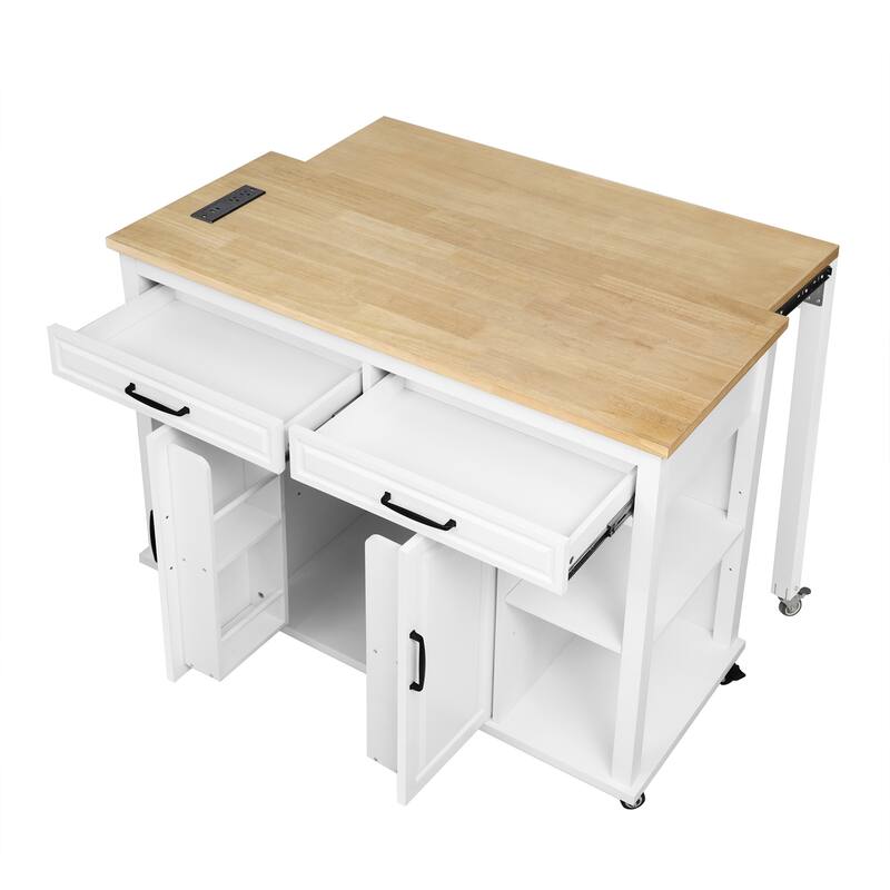 Kitchen Island with Extendable Dining Table,Rubber Wood Veneer Kitchen Table with Internal Storage Rack,Power Outlet - N/A