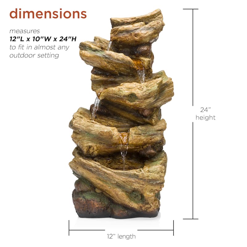 Alpine Corporation 24" Outdoor 4-Tier Log Fountain with LED Lights, Cascading Tree Trunk Feature for Garden, Rustic, Brown