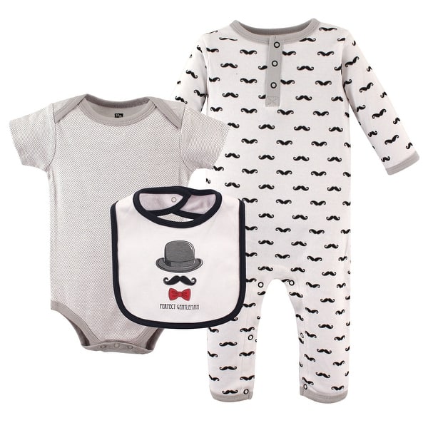slide 1 of 1, Hudson Baby Infant Boy Cotton Coverall, Bodysuit and Bib Set 3pc, Gentlemen 0-3 Months - Gentlemen