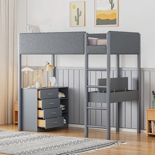 Grey Teddy Fleece Loft Bed with Stroage Drawers & Desk, Twin