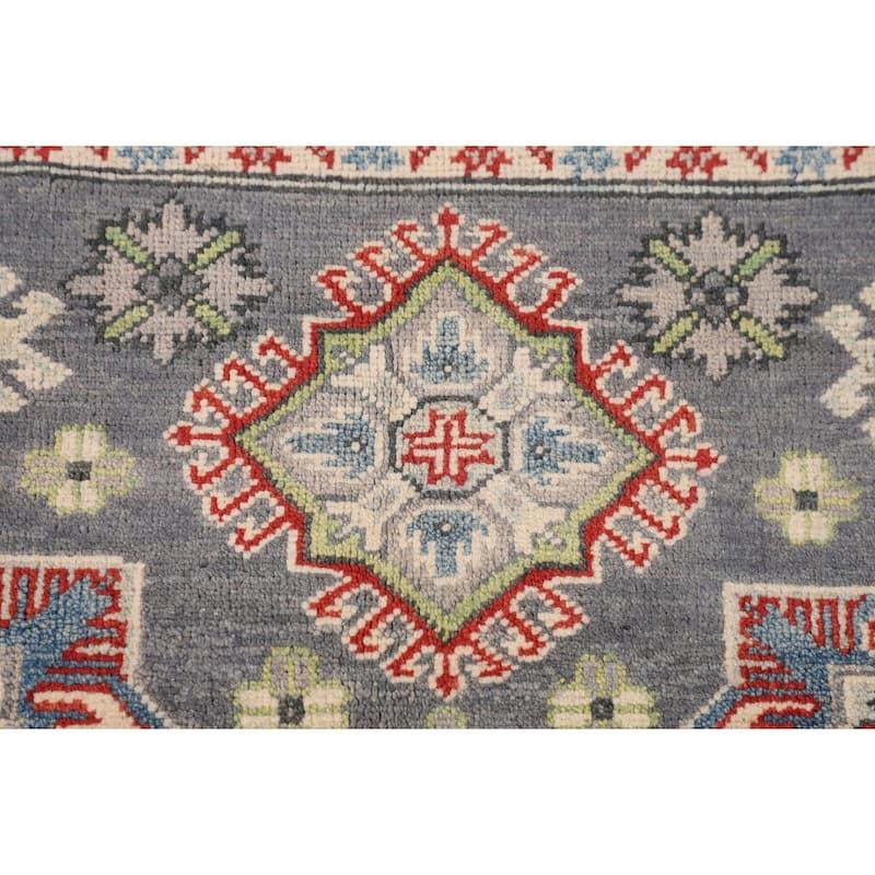 Geometric Kazak Rug Hand-Knotted Grey Oriental Wool Carpet - 4'0" x 6'0"