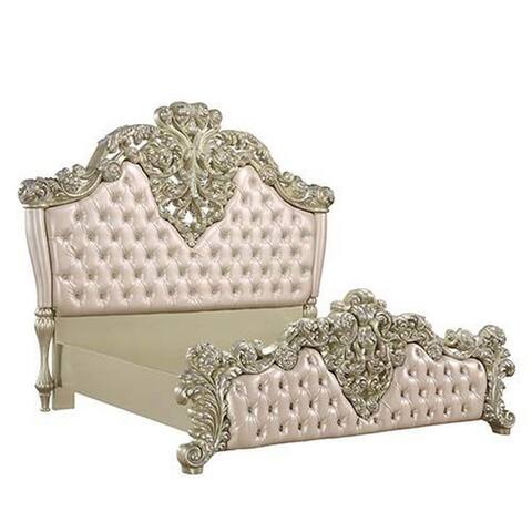 Eastern King Bed with Leatherette Upholstery, Champagne Silver