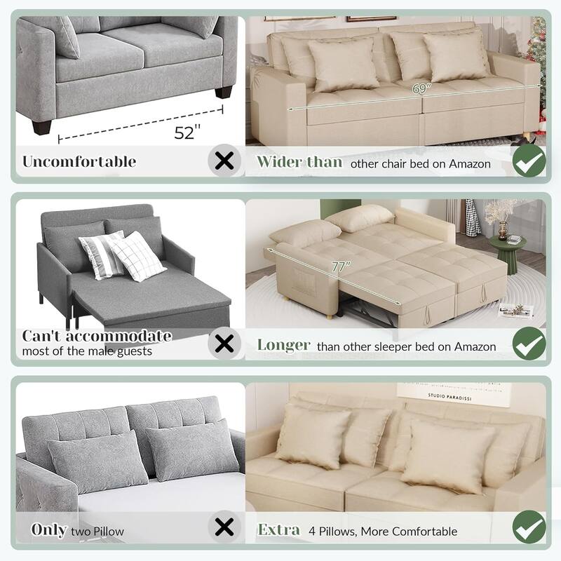 AECOJOY 3-in-1 Sofa Bed Double Sleeper Chair Bed