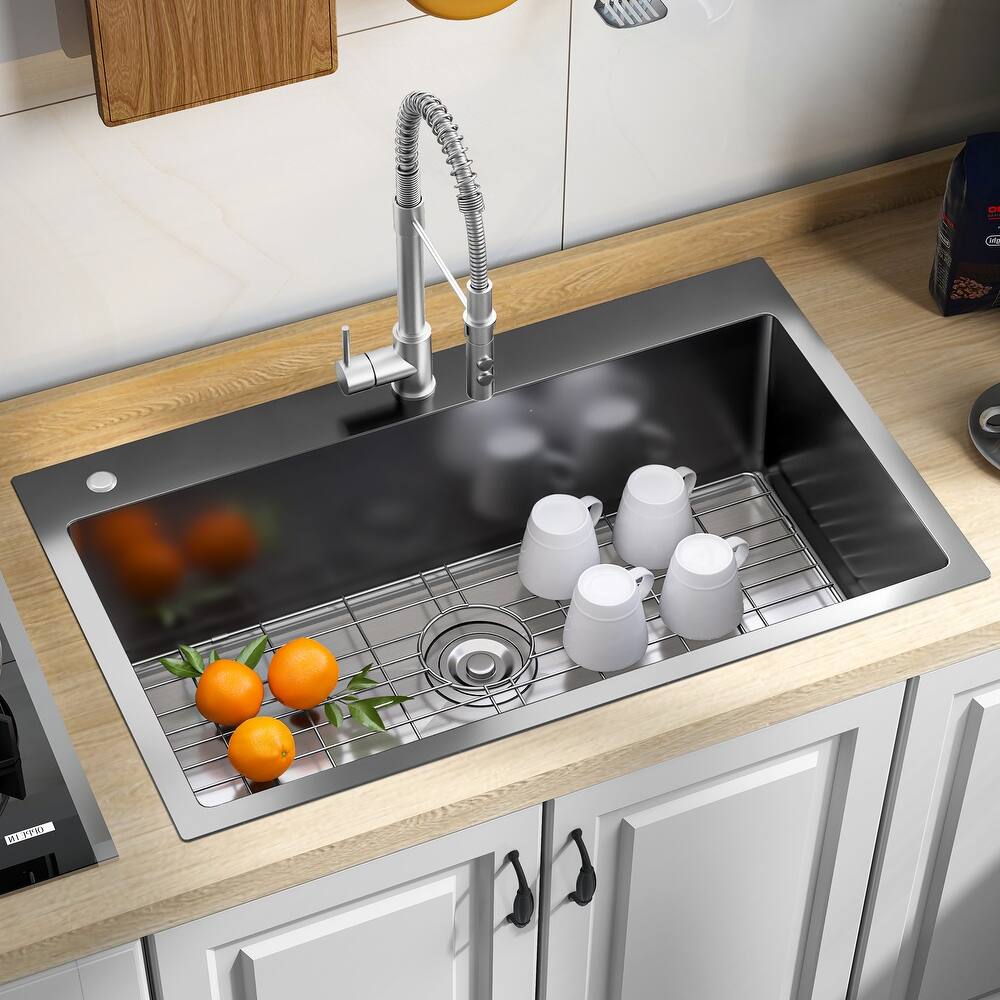 33 Inch Drop In Kitchen Sink Top mount Stainless Steel Black Sink w/Sink Protector Single Bowl Drop-in Sink for Workstation