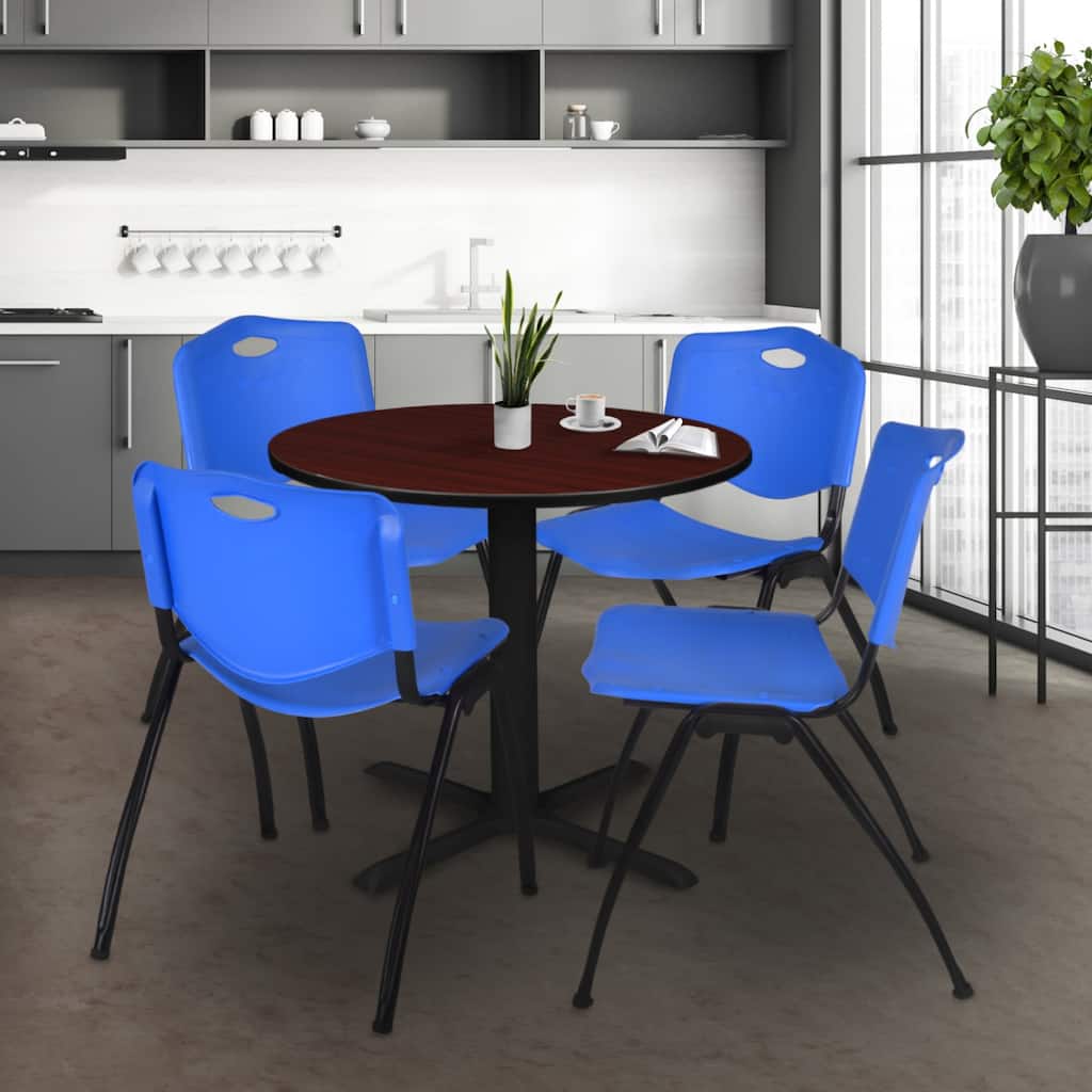 30" Round Breakroom Table- Mahogany & 4 'M' Stack Chairs- Blue - Blue, Mahogany - 30