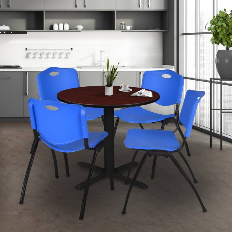 30" Round Breakroom Table- Mahogany & 4 'M' Stack Chairs- Blue - Blue, Mahogany - 30