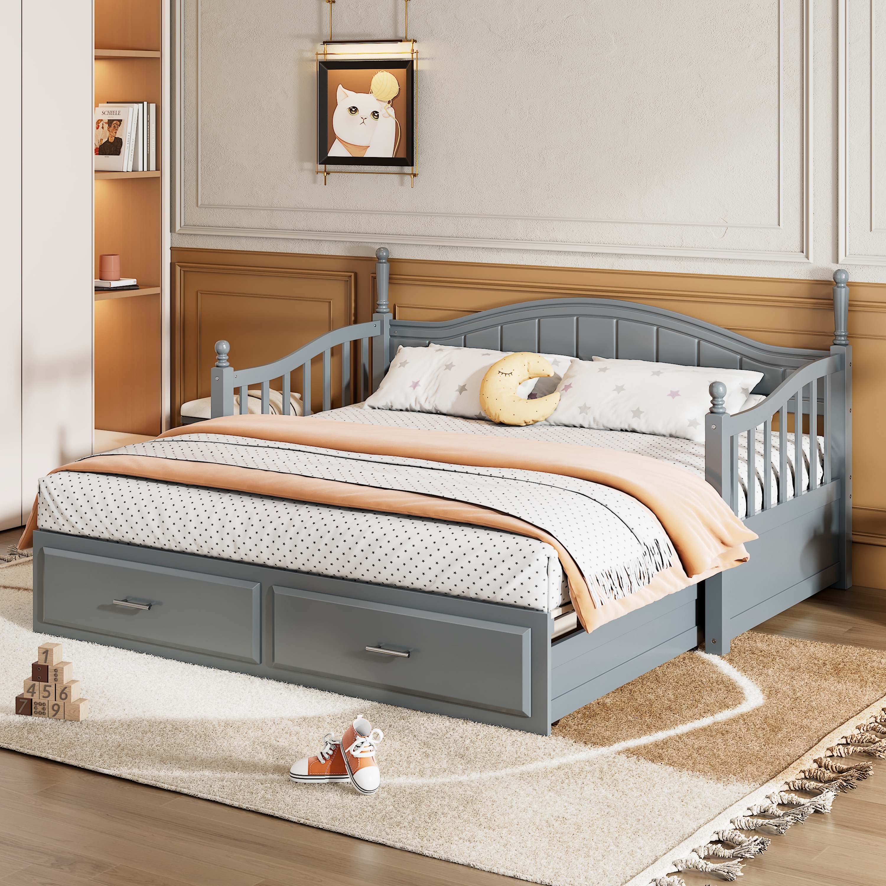 Gray Twin Daybed Bed Frame Extendable Bed w/ Trundle, 2 Drawers