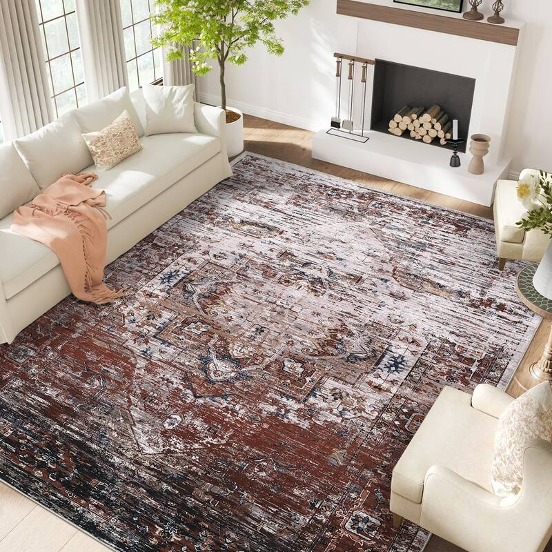Ombre Vintage Area Rug Distressed Washable Living Room Bedroom Rug Indoor Carpet Ultra-Thin Soft Rug Non-Slip