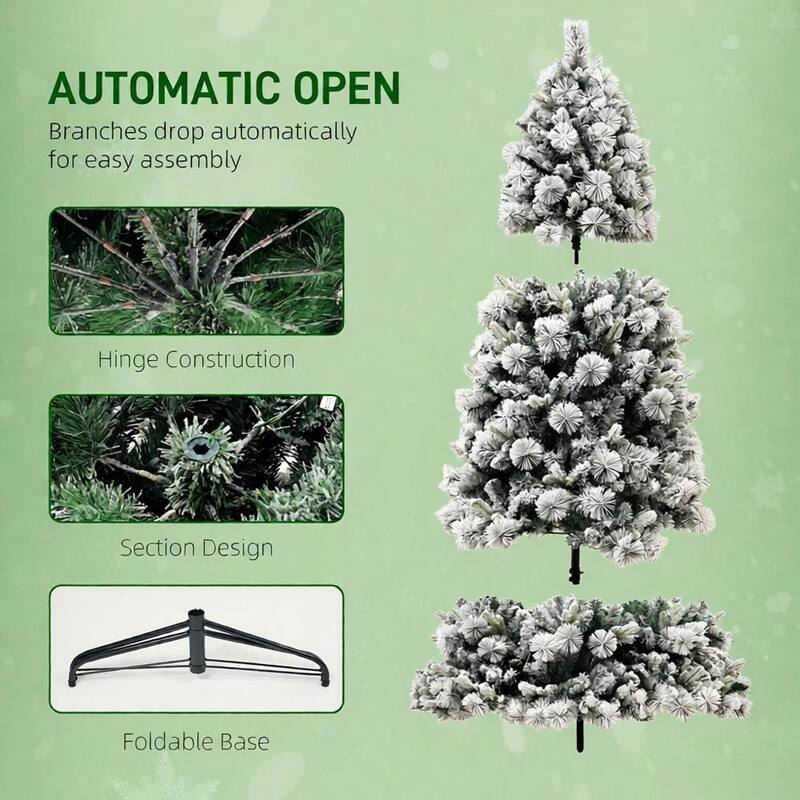 Flocked Artificial Christmas Tree - Clear Lights, Metal Stand, Holiday Decor - Green