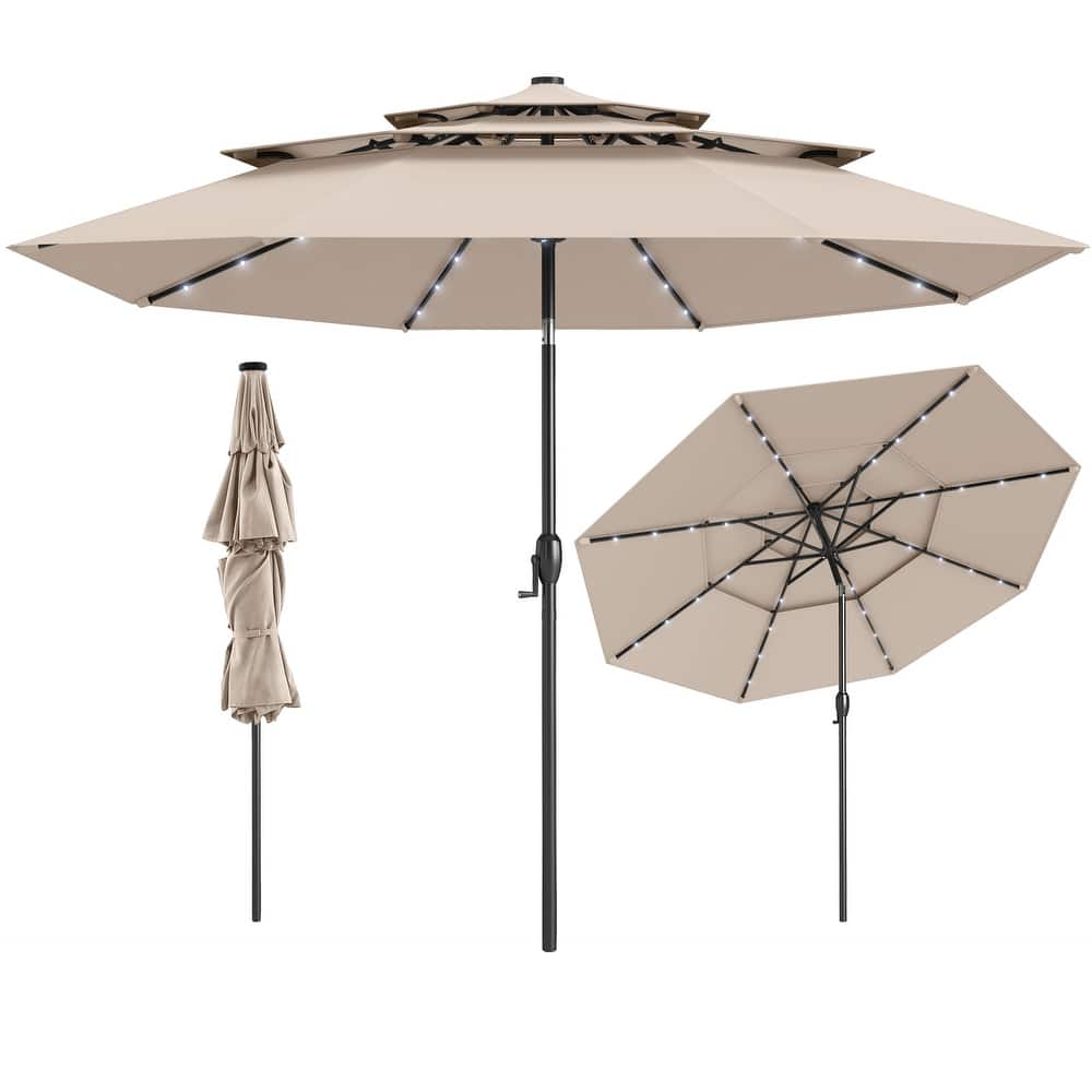 Gymax 10 FT Solar Patio Umbrella w/ 32 LED Lights 3-Tier Vented Top