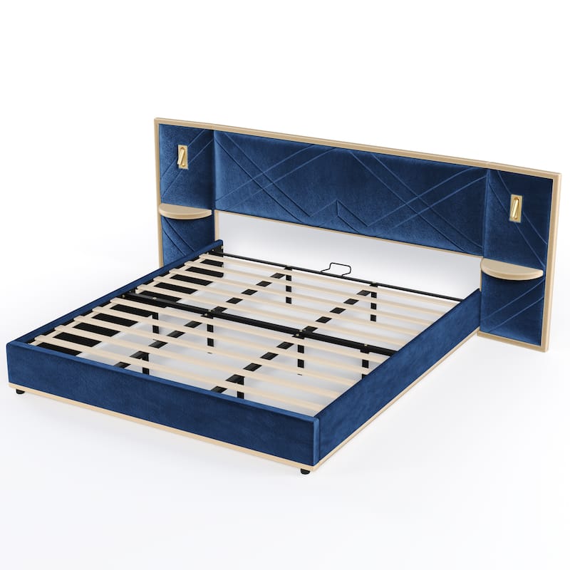 Christopher Knight Home - Voss Velvet Upholstered Bed with 2 Built-in LED Lights and 2 Storage Side Panels