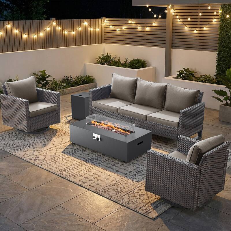Pocassy 5 Piece Ptio Sofa Swivel Chair with Fire Pit Table - Brown Wicker Gray Cushion - 5-Piece Sofa Swivel Chair with Fire Pit Table