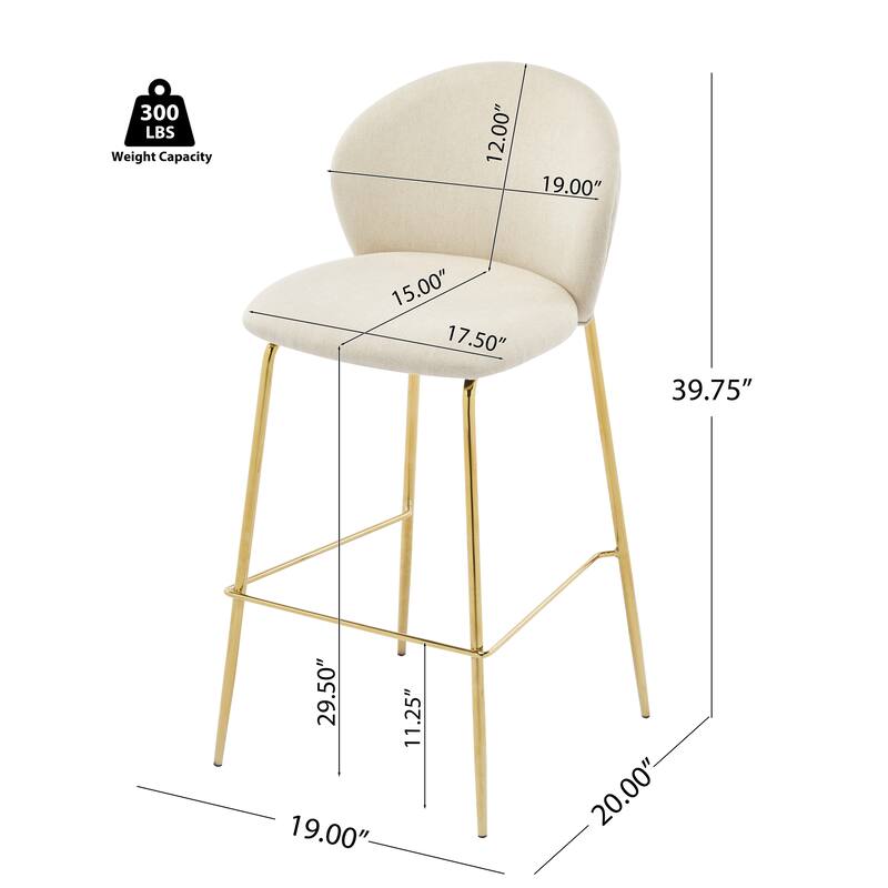 Roomfitters Kira Indoor Upholstered Bar Stools with Gold Plated Metal Legs, Fabric Set of 2 - Set of 2
