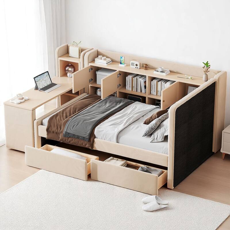 Multi-Functional Twin Daybed with Storage Drawers, Shelves, Flip Cabinets, and Side Table for Small Rooms