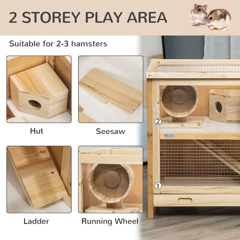 Natural Fir Wood Hamster Cage with Plexiglass Window and Multi-Level Play - 30.75"L x 16.25"W x 23.5"H