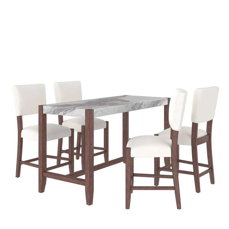 5-Piece Counter Height Dining Table Set for 4, Faux Marble Bar Table and 4 Upholstered-Seat Chairs