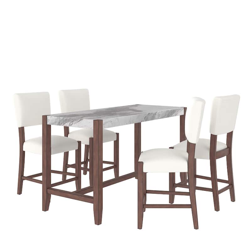 5-Piece Counter Height Dining Table Set with Faux Marble Table and 4 Upholstered-Seat Ergonomic Chairs, Anti-stain Surface