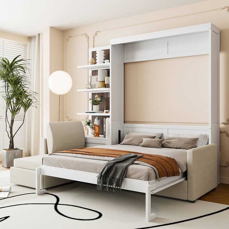 Hidden Wood Wall Cabinet Bed with Sofa, Queen Size Murphy Bed with Couch, Open Side Storage Shelves and Dual-Piston Lift