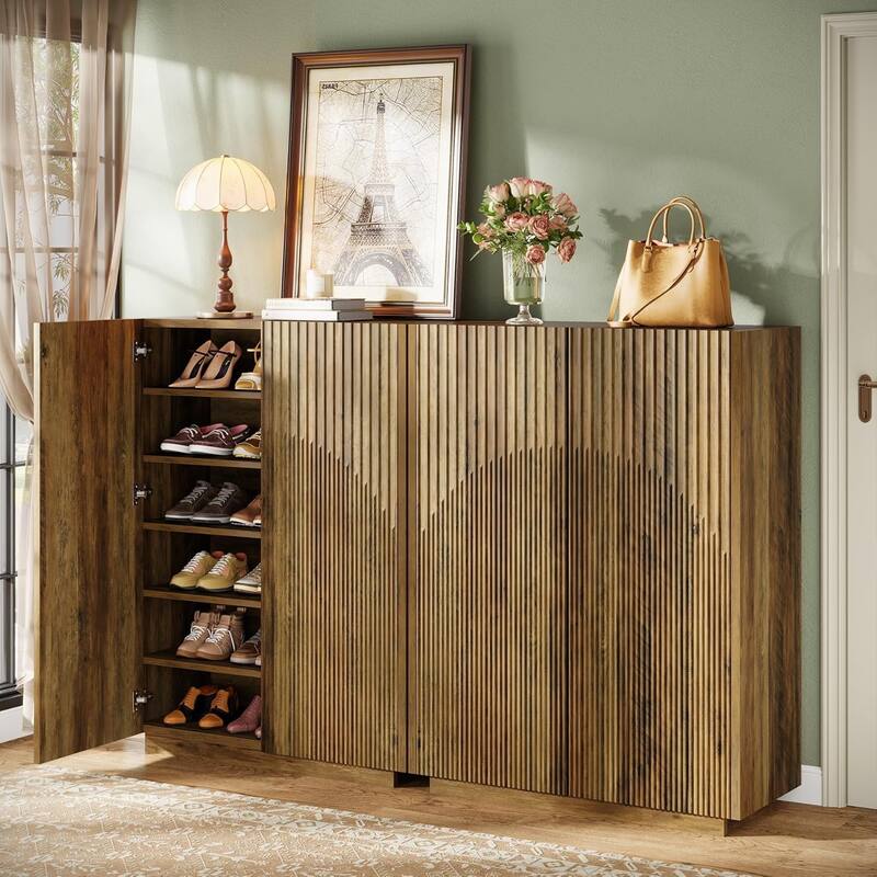 7-Tier Shoe Cabinet with Fluted Doors, 24 Pairs Freestanding Shoe Rack for Entryway, Hallway, Closet, Rustic Brown
