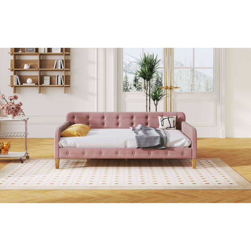 Full Size Velvet Upholstered Daybed Frame with Tufted Backrest & 4 Legs