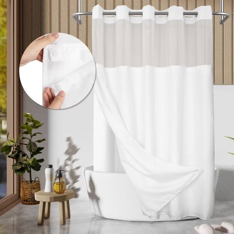 No Hook Slub Linen Texture Shower Curtain with PEVA Snap-in Liner