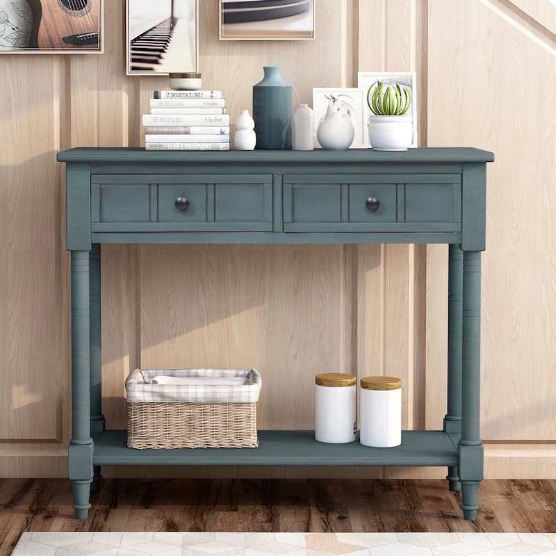 Daisy Series Console Table Traditional Design with Two Drawers and Bottom Shelf Acacia Mangium - Navy