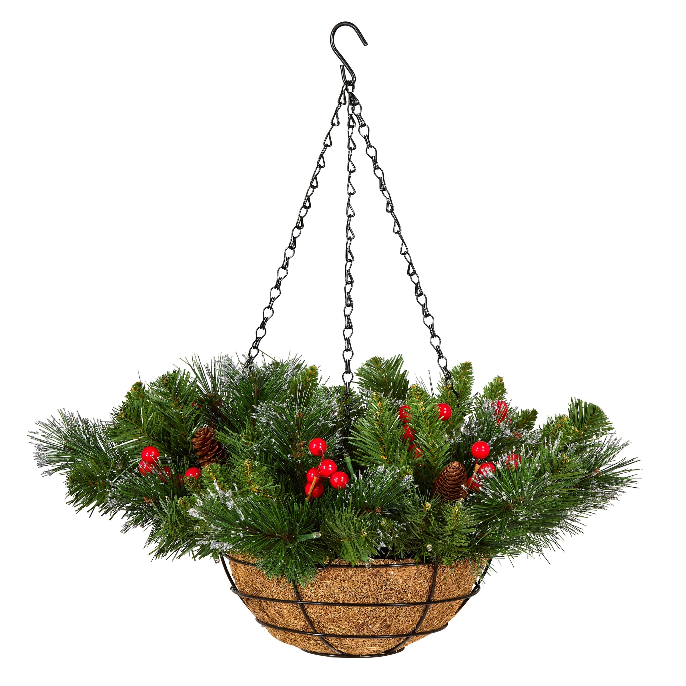 National Tree Company 20 in. Crestwood® Spruce Chain Hanging Basket with Silver Bristle, 50 Mini Warm White LED Lights - 20 IN