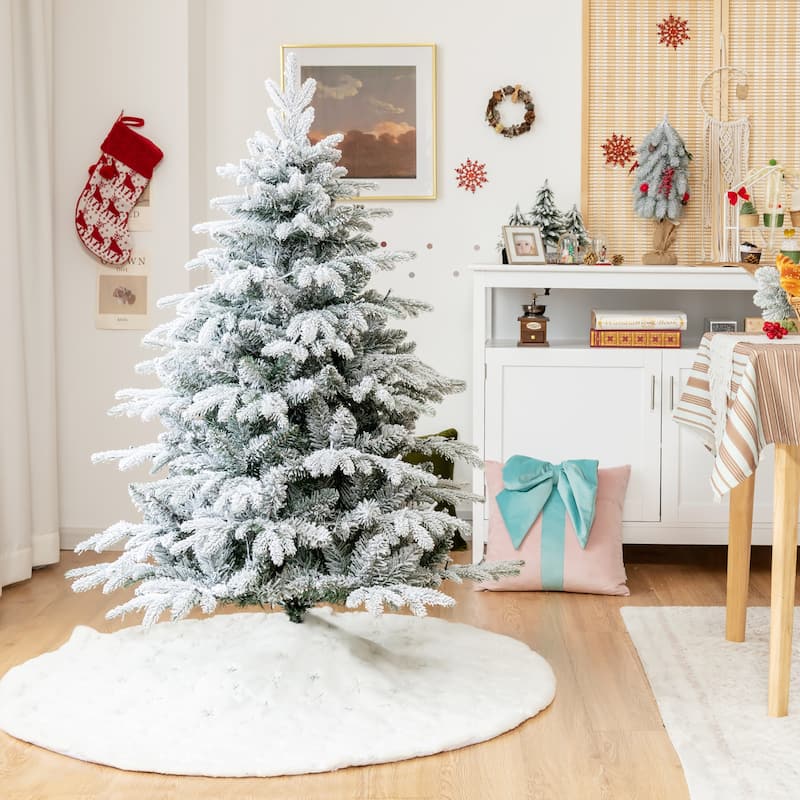Gymax 4.5/6/7ft Snow Flocked Decoration Christmas Tree w/LED Lights &