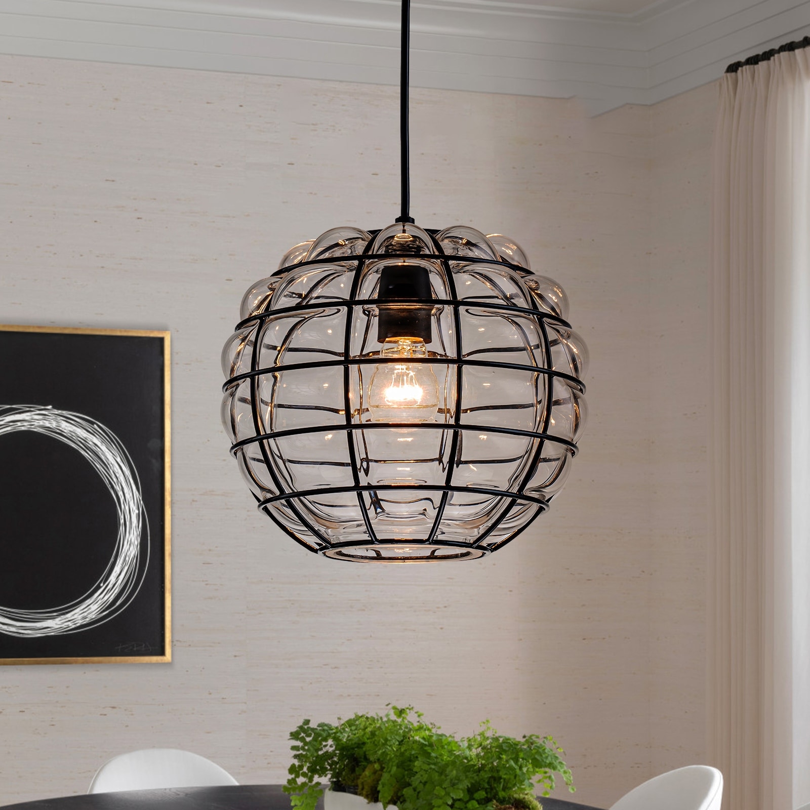 1-Light Black Industrial wire cage Pendant Light with Glass shade - 9.84"