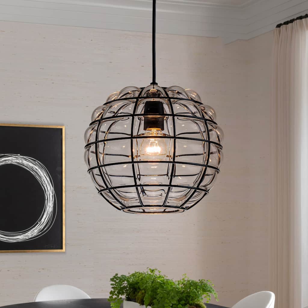 1-Light Black Industrial wire cage Pendant Light with Glass shade - 9.84"