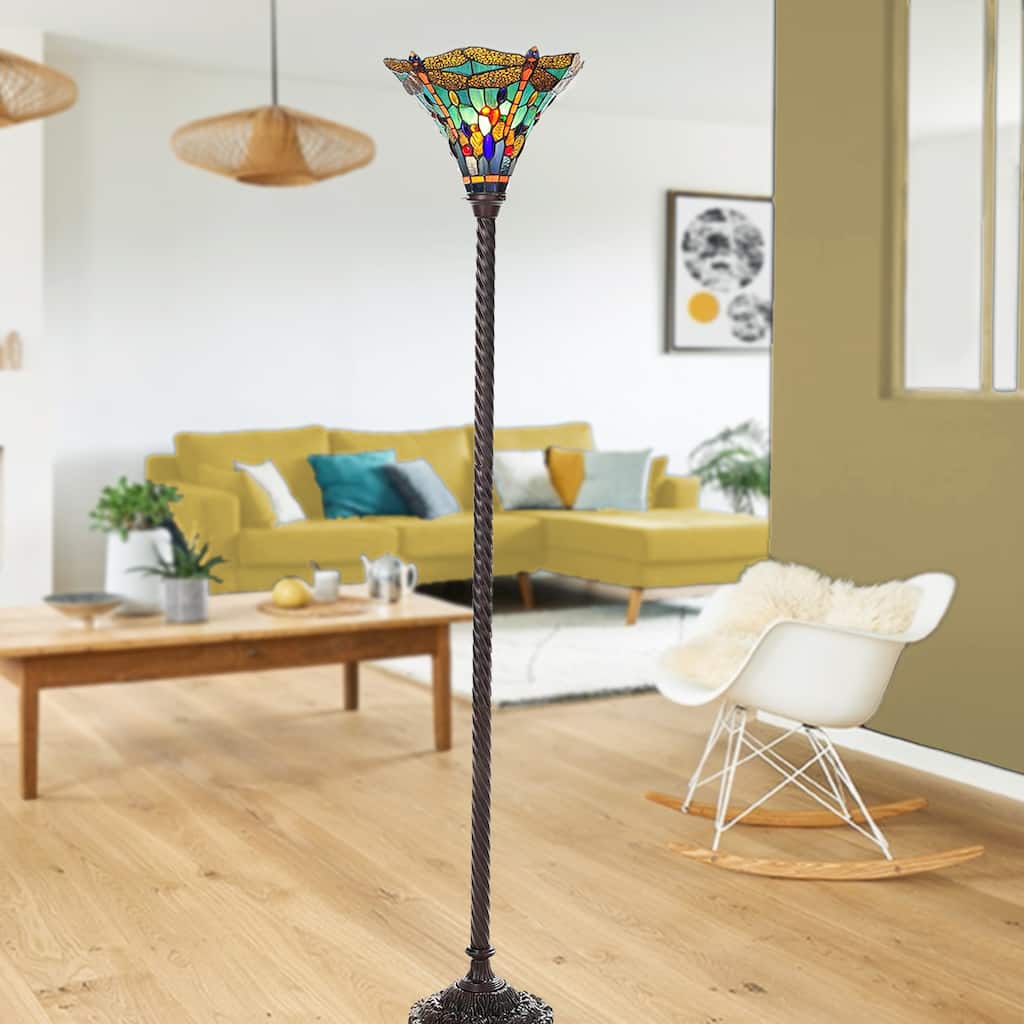 Turquoise Dragonfly Design Tiffany-style Torchiere Lamp