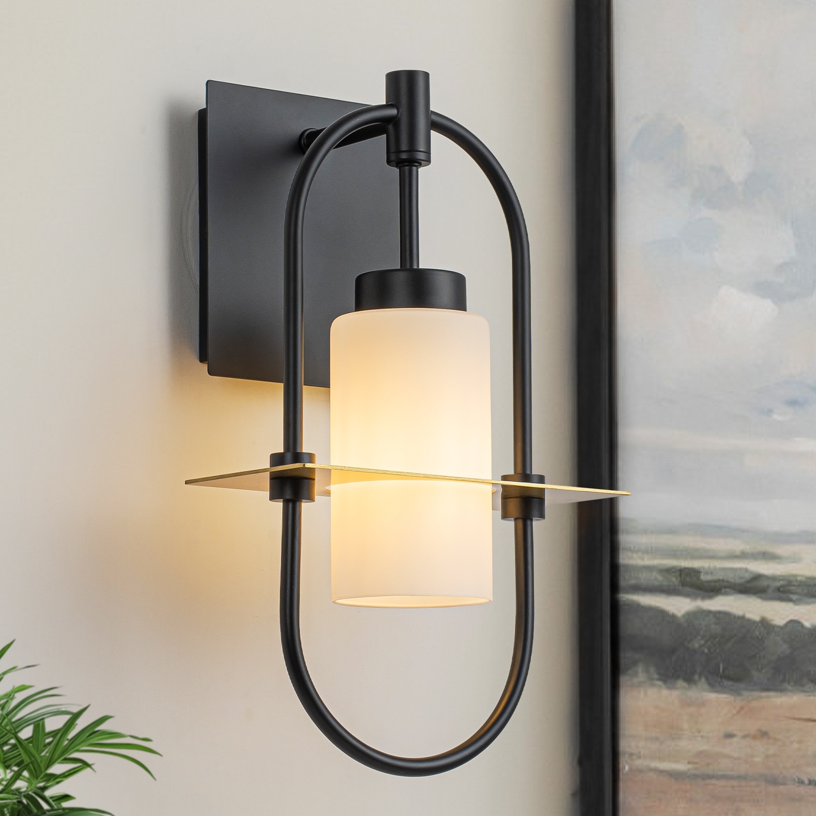 1-Light Black Modern Wall Sconce with White Frosted Glass Shade - W7.78 x H13.78 inch