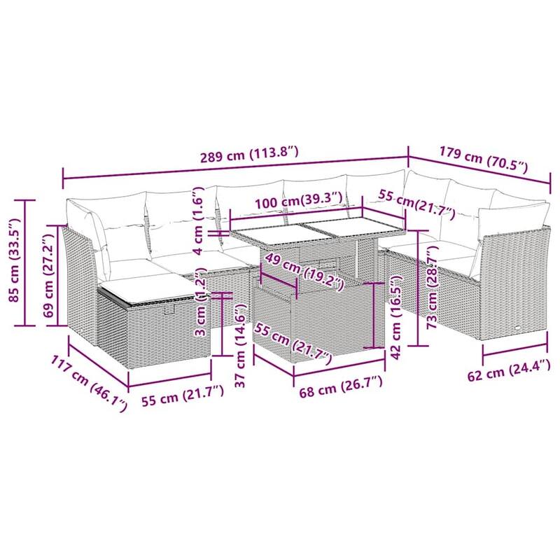 vidaXL Patio Sofa Set with Cushions and Table Outdoor Garden 9 Piece Poly Rattan - 24.4" x 24.4" x 27.2"