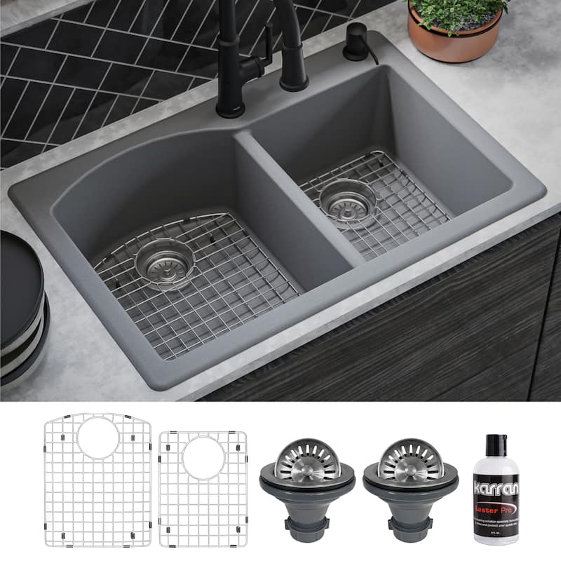Karran Drop-In Quartz 33 in. 1-Hole 60/40 Double Bowl Kitchen Sink Kit