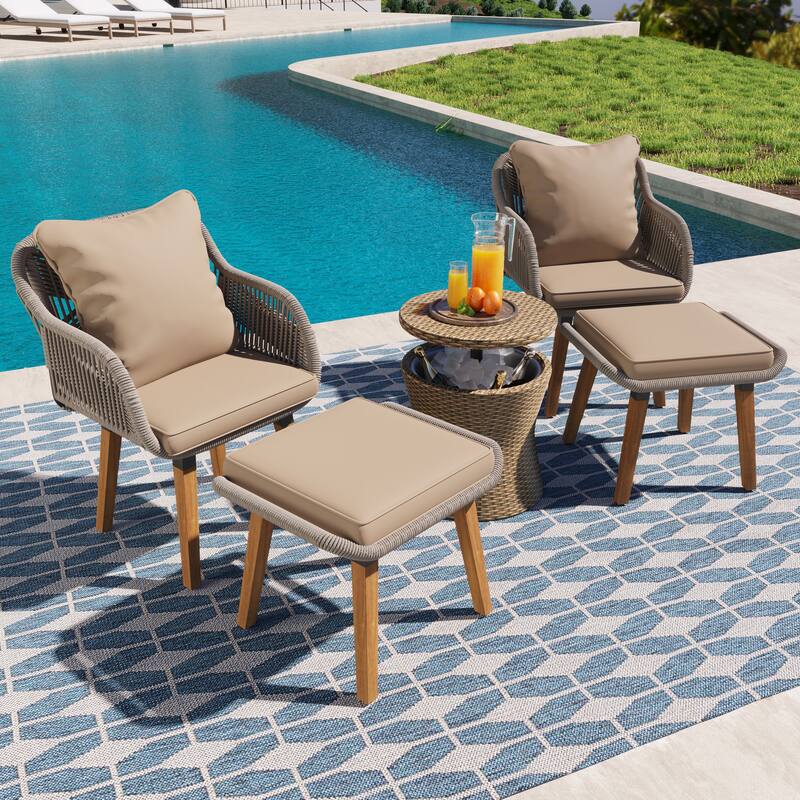 Outdoor Lounge Conversation Set, Woven Rope Chair & Ottoman Sets of 5