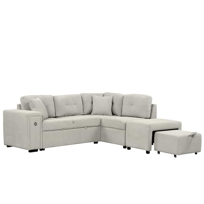 86.6" L-shaped Sleeper Sofa Bed Set with Ottoman and Cup Holders