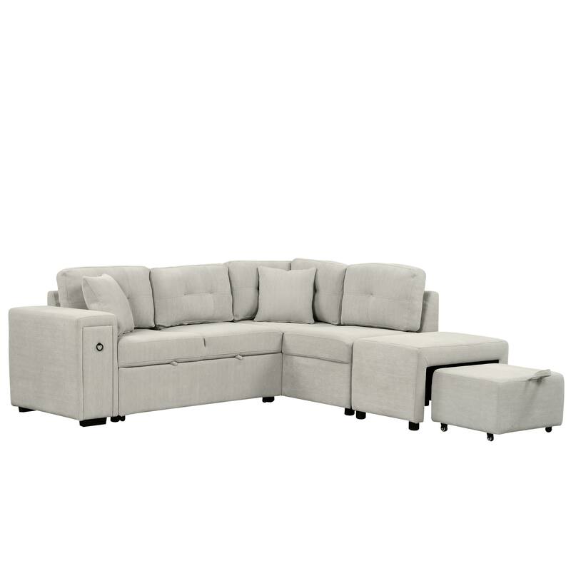 Convertible Sectional Sofa Bed with Ottoman, Chenille L-Shaped Pull Out Couch with Drawer 2 USB Ports & 2 Cup Holders