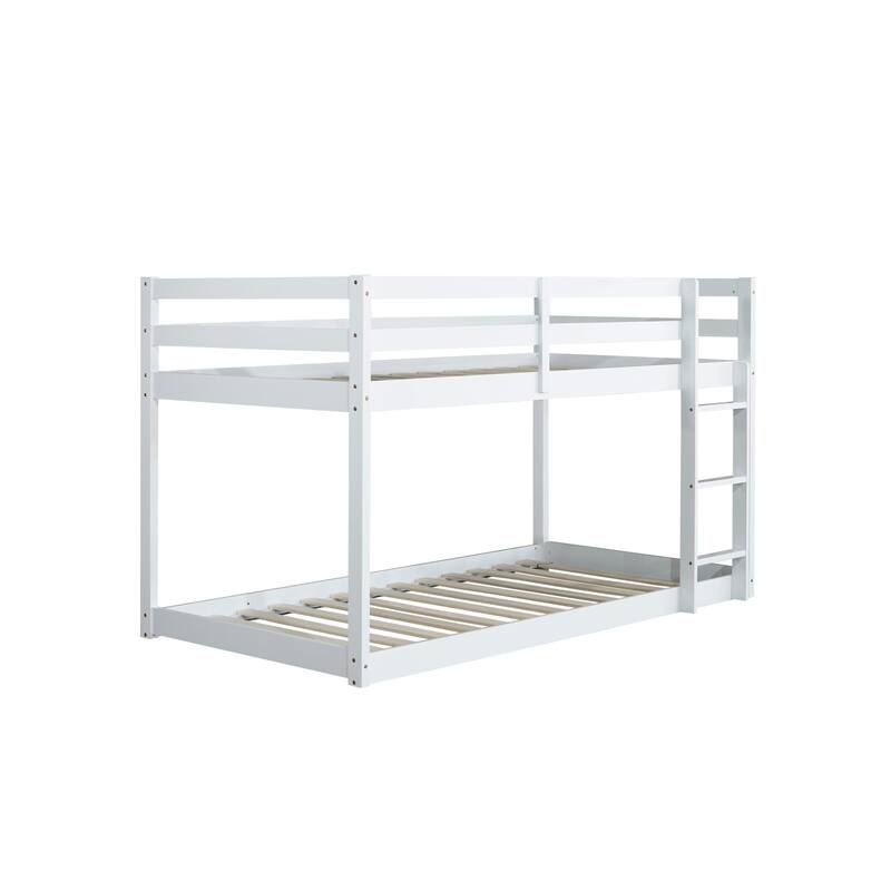 Roomfitters Solid Rubber Wood Twin over Twin Floor Bunk Bed with Ladder, Reinforced Slat Platforms, Low Height Design
