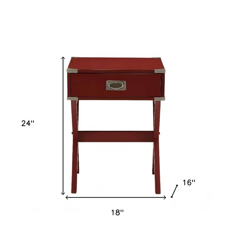 HomeRoots 24" Red Wood Cross Legs End Table With Drawer - 18" W x 16" D x 24" H