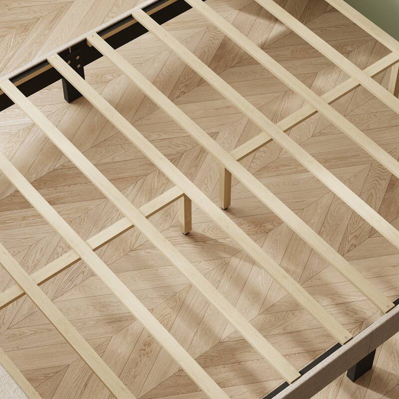 Queen Size Bed Frame with Upholstered Headboard & Footboard Beige