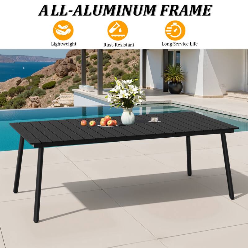 82.7in Outdoor Patio Rectangle Aluminum Wood-Like Dining Table with Umbrella Hole