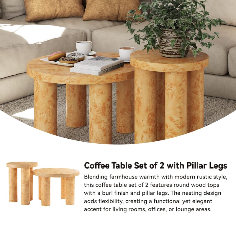 COZAYH Farmhouse Round Nesting Coffee Table Set of 2, Modern Rustic Pillar-Leg Accent Tables with Burl Wood Finish