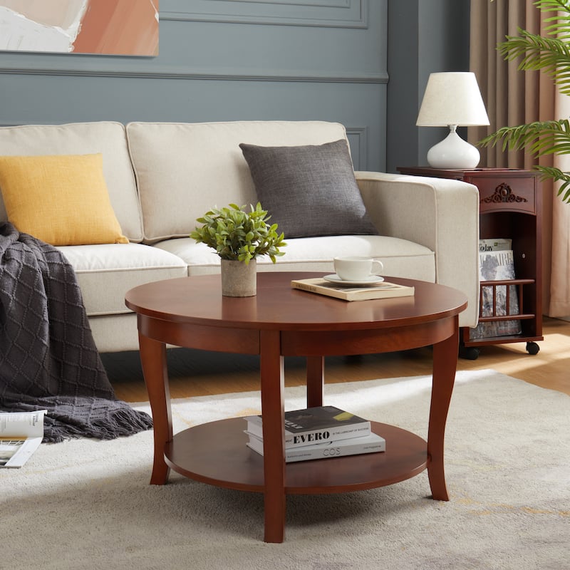 Traditional Round Coffee Table with Open Storage Shelf,2-Tier Storage Wood Center Circle Accent Table for Living Room