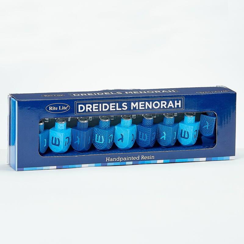 10.25" Blue Hand Painted Hanukkah Dreidels Menorah