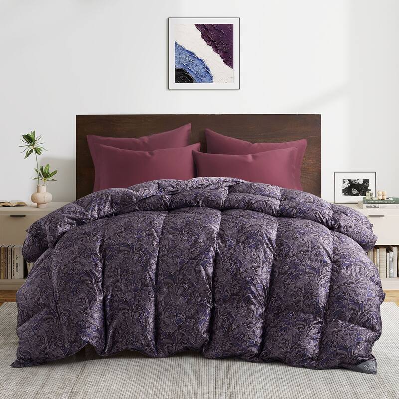 All Season Luxurious Silk Covered 93% White Goose Down Comforter - King - Midnight Garden