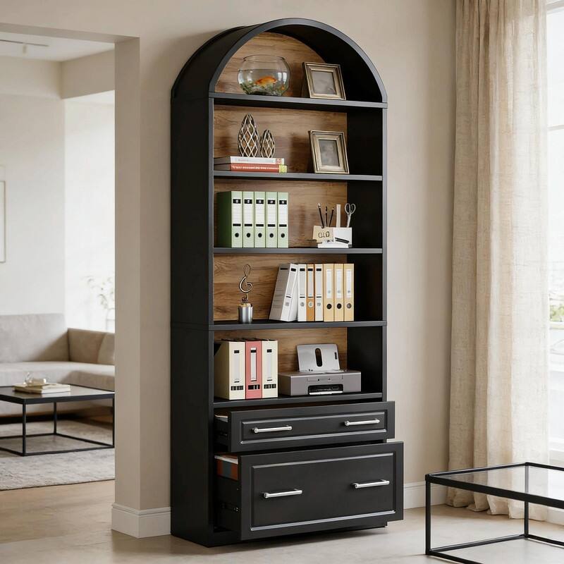 5-Tier Arched Bookshelf with Drawer & File Cabinet, Wood Storage Bookcase for Living Room or Home Office