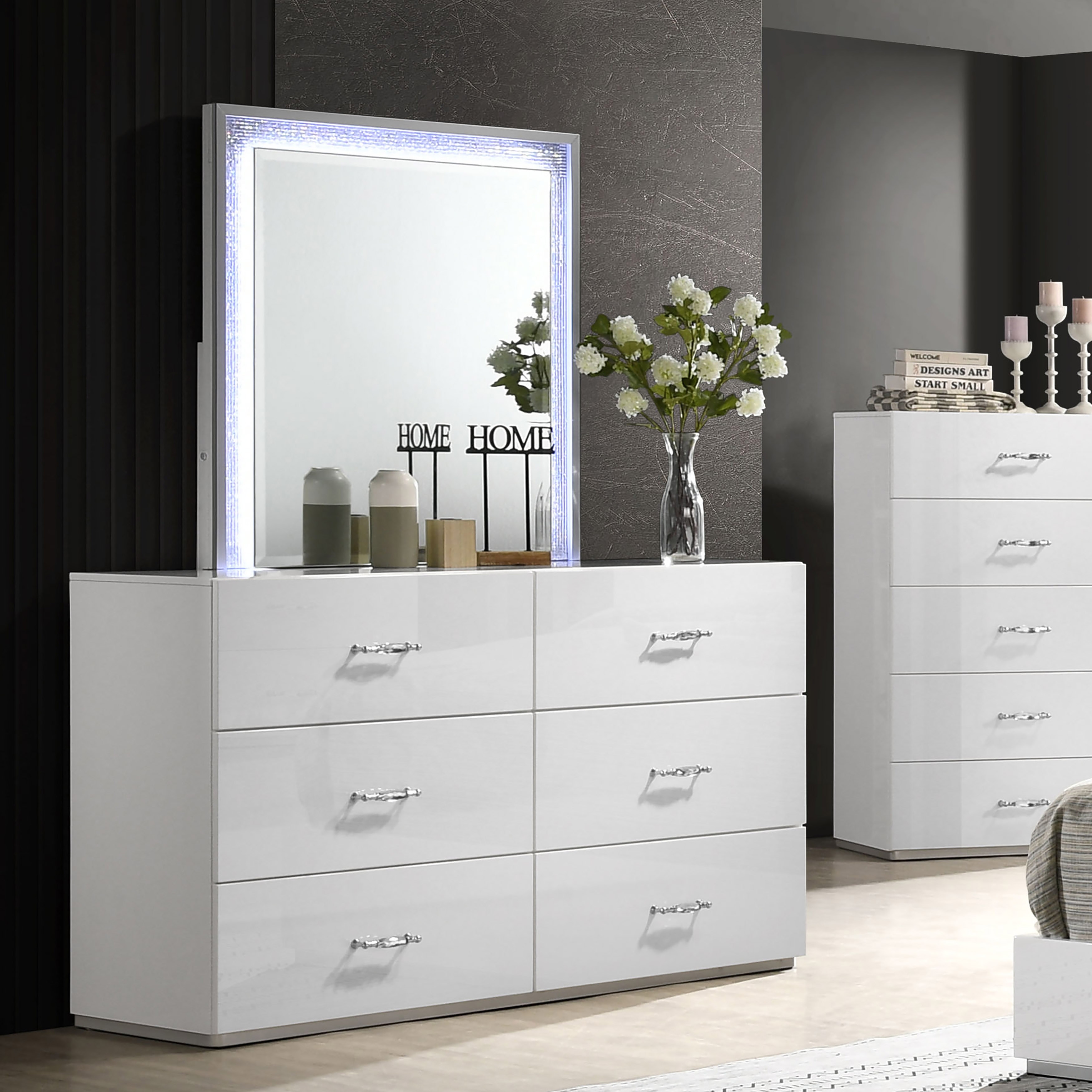 Furniture of America Roon Modern 2-Piece White 6-Drawer Dresser and Mirror Set with LED Light