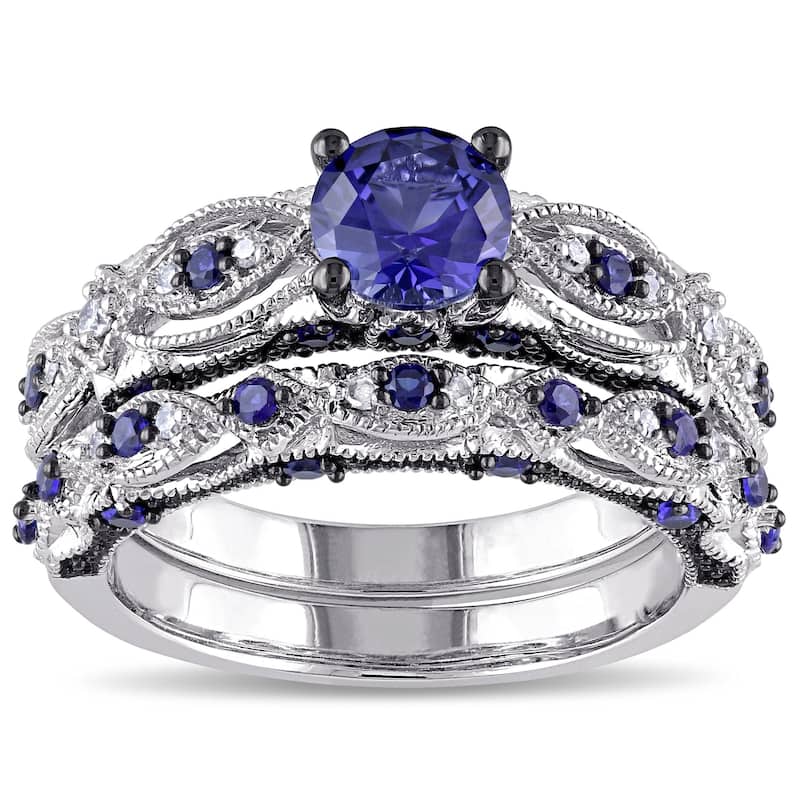 Miadora 10k White Gold Created Blue Sapphire 1/10ct TDW Diamond Vintage Bridal Set