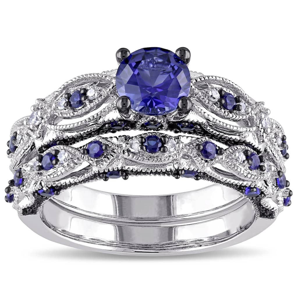 Miadora 10k White Gold Created Blue Sapphire 1/10ct TDW Diamond Vintage Bridal Set